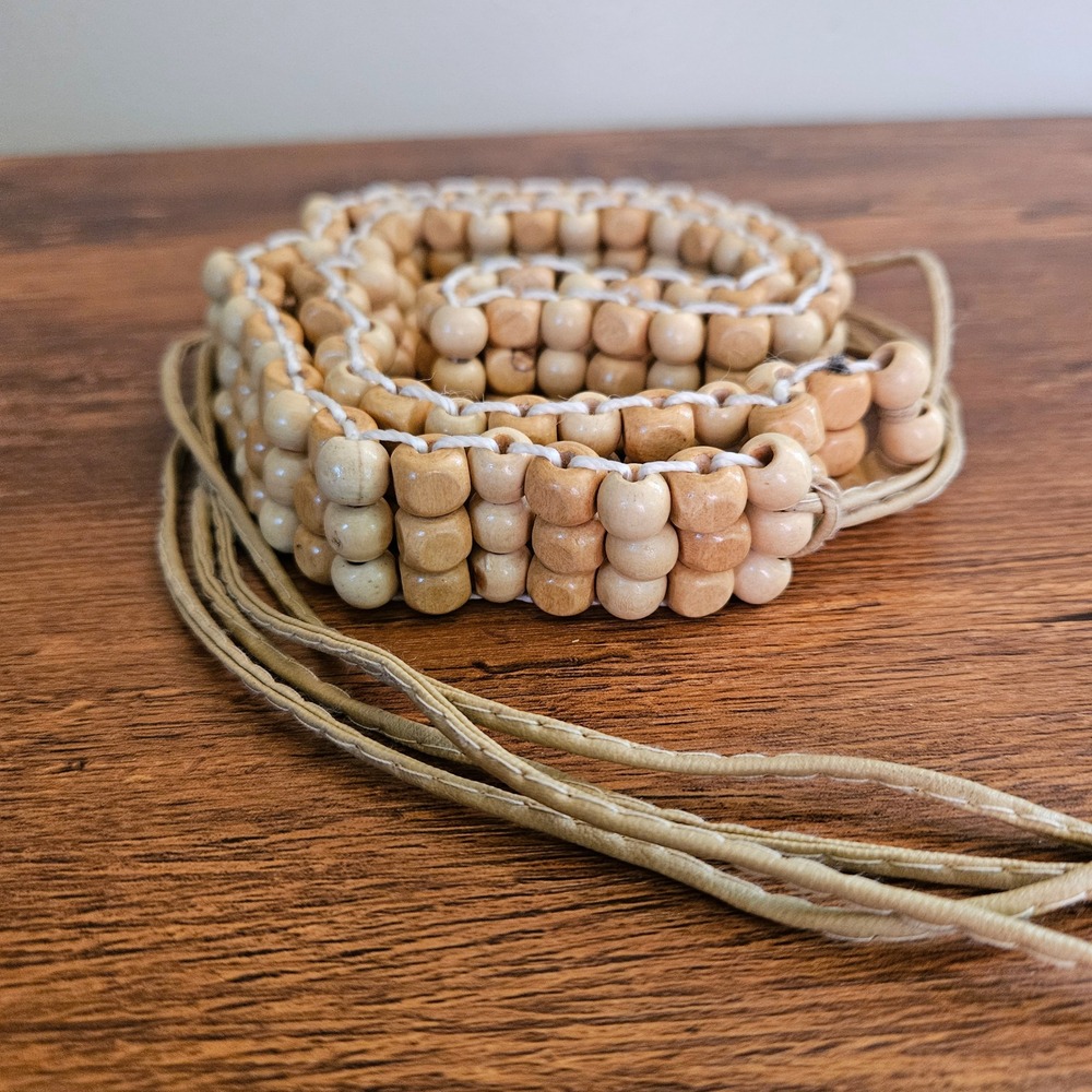 Vtg Y2K 2000s Handmade Wooden Bead Belt Woven Natural Wood Bohemian Festival M/L